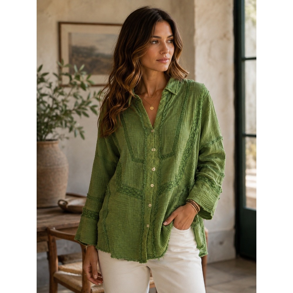 Sewn + Seen Shirt Womens Small Green Boho Cottagecore Gauze Lace